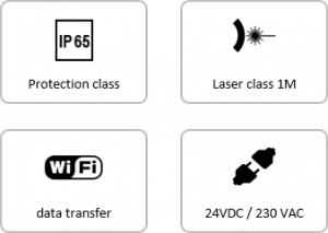 PlantEye is IP65 (water and dust proof), has Laser class 1M and just needs a power supply. Data is transferred via Wifi
